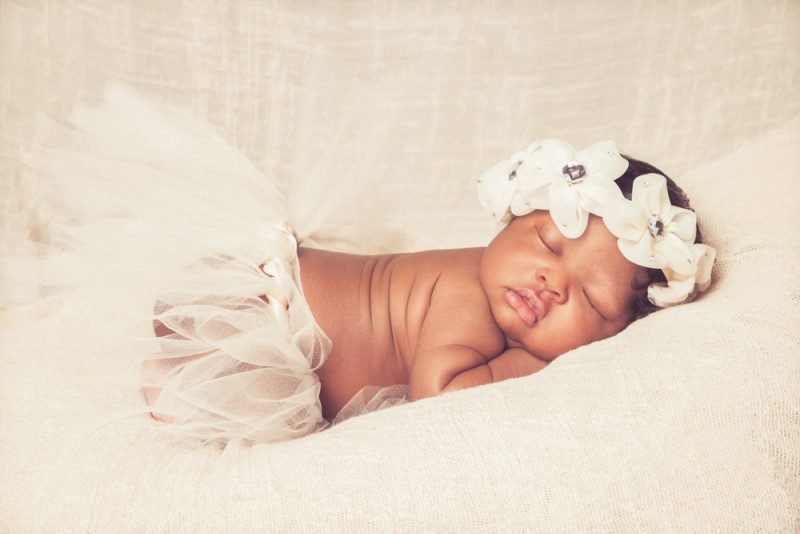 African American Newborn Asleep Ivory Headband Tutu