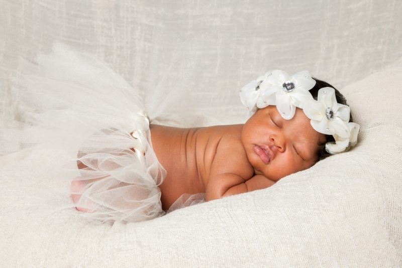 African American Newborn Asleep Ivory Headband Tutu
